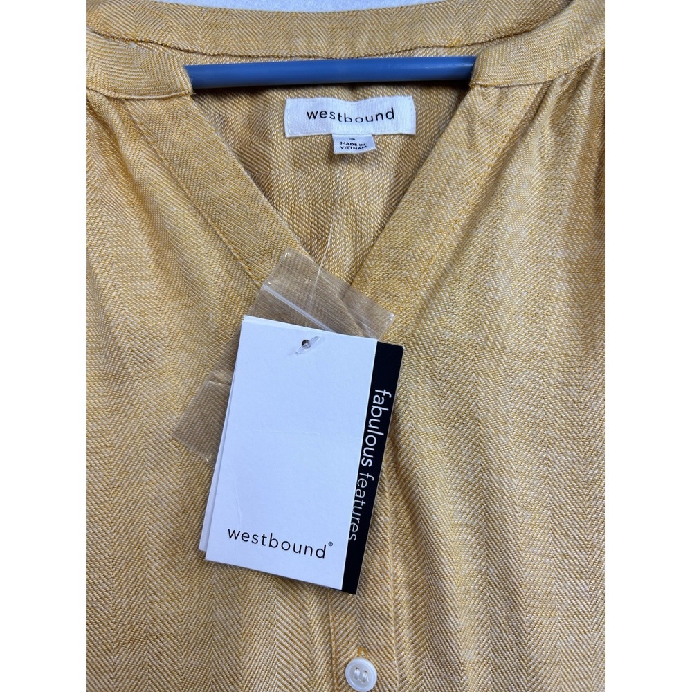 Westbound Women's S Yellow Solid V-Neck Long Sleeve Button Blouse 100% Cotton